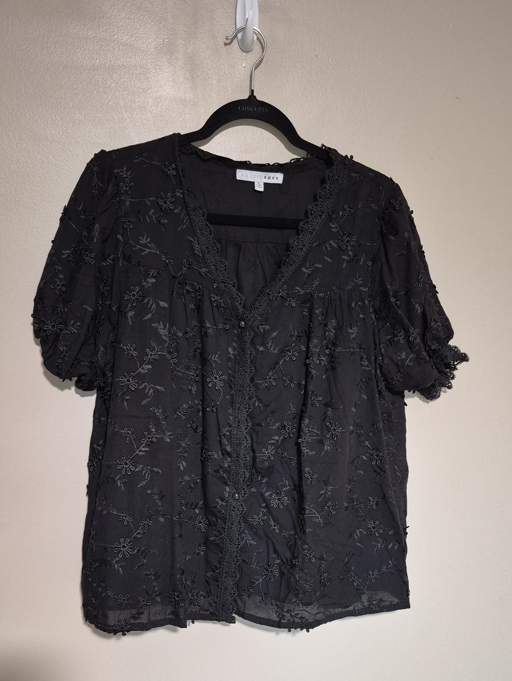 Baltic Born Black Embroidered V-Neck Short Sleeve Blouse